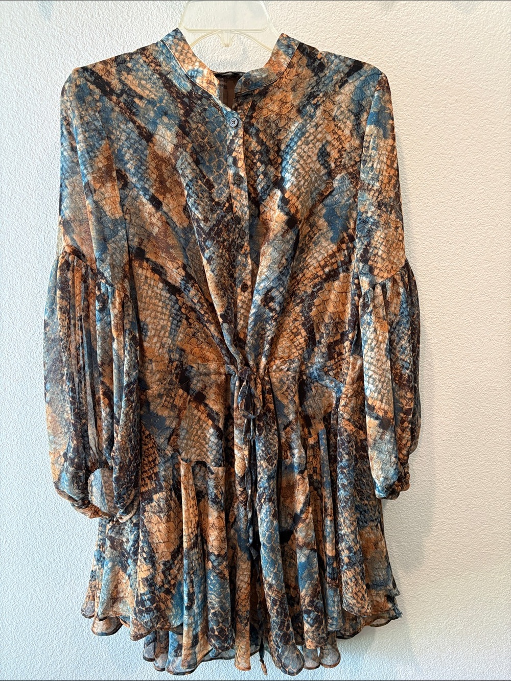 Olivaceous Blue & Brown Snake-Print Tie-Waist Mini Dress